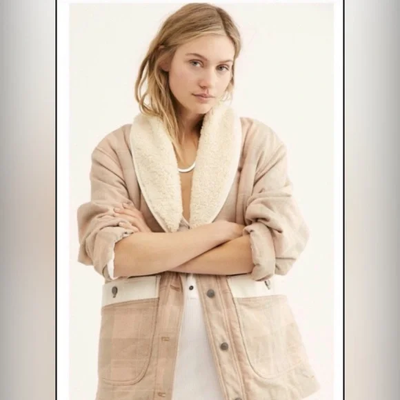 We The Free By Free People Woodlands Plaid Sherpa Jacket Beige - Picture 1 of 12